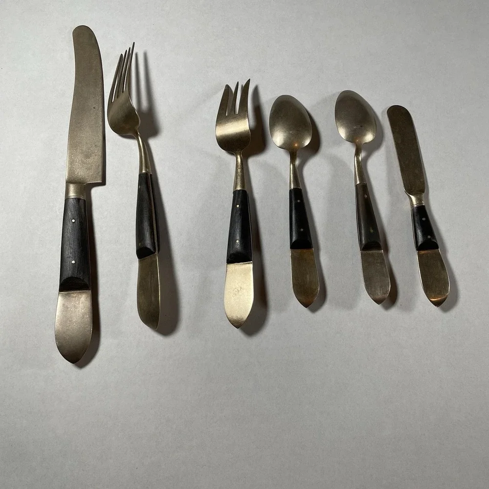 Vintage Thai Flatware Set 6pc Thepphanom Deity Design, Wood Handles‎ Brass
